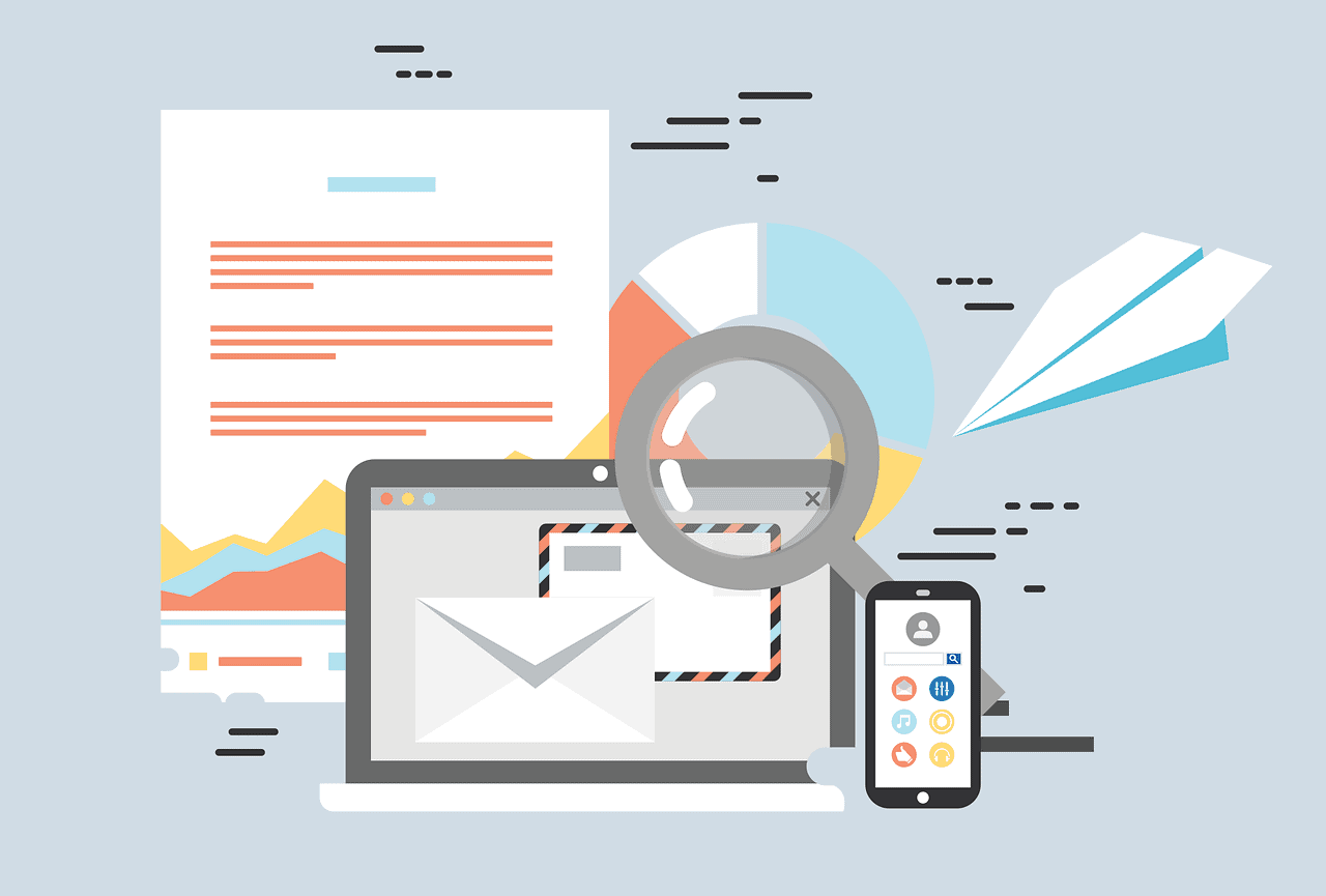 An illustration of email marketing with a magnifying glass and a laptop.