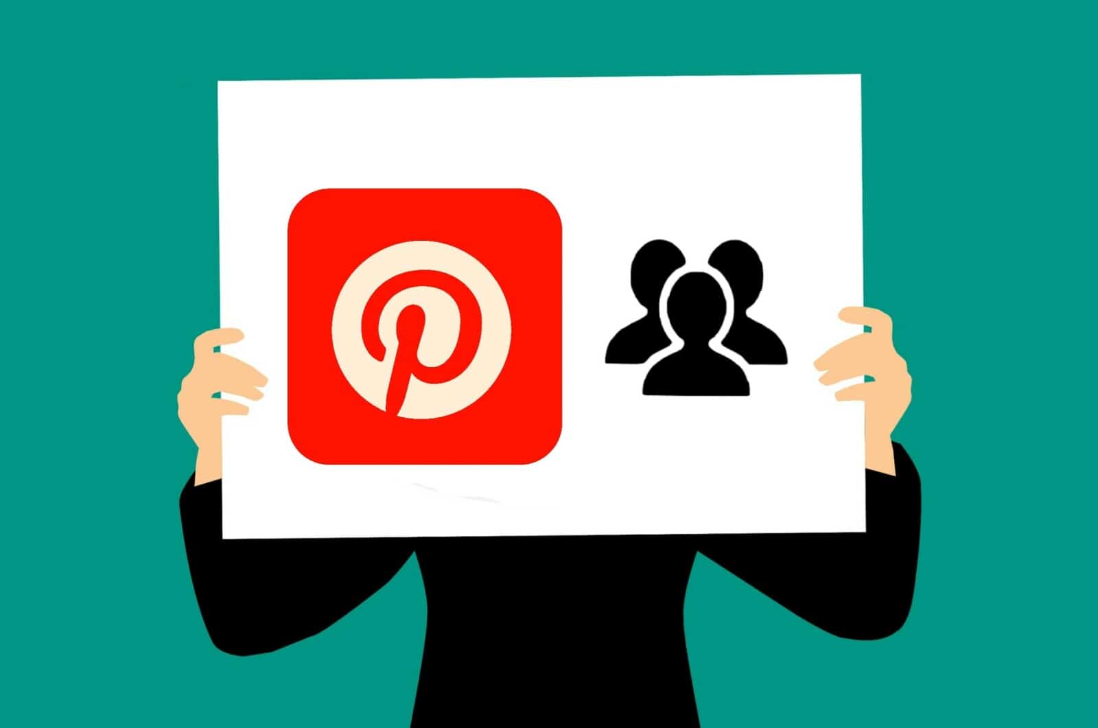 A person holding up a poster with a pintrest logo on it.