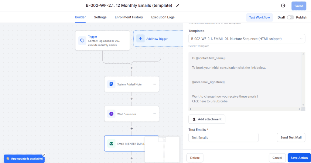 Screenshot of a workflow automation tool showcasing an email sequence editor. The screen features various options such as adding triggers, steps, and templates for monthly emails. The "Save Action" button is highlighted.