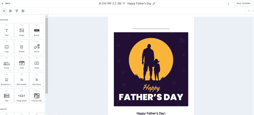 A design template with a silhouette of an adult and a child against a yellow circle on a dark background, with the text "Happy Father's Day" in bold white and yellow letters below.