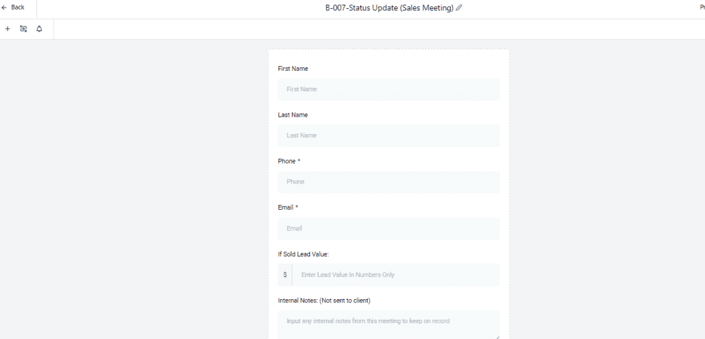 A web form titled "B-0079 Status Update (Sales Meeting)" with fields for first name, last name, phone, email, sold lead value, and internal notes.