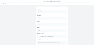 A web form titled "B-0079 Status Update (Sales Meeting)" with fields for first name, last name, phone, email, sold lead value, and internal notes.