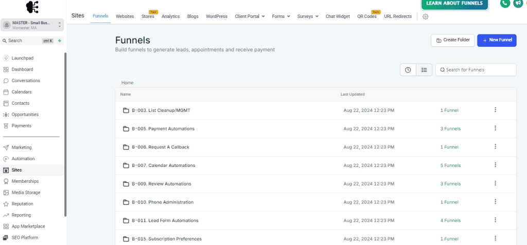 Screenshot of a web dashboard displaying the "Funnels" section with various funnel categories listed. Dates and times of the latest updates are shown alongside each entry. A menu on the left lists other site sections.