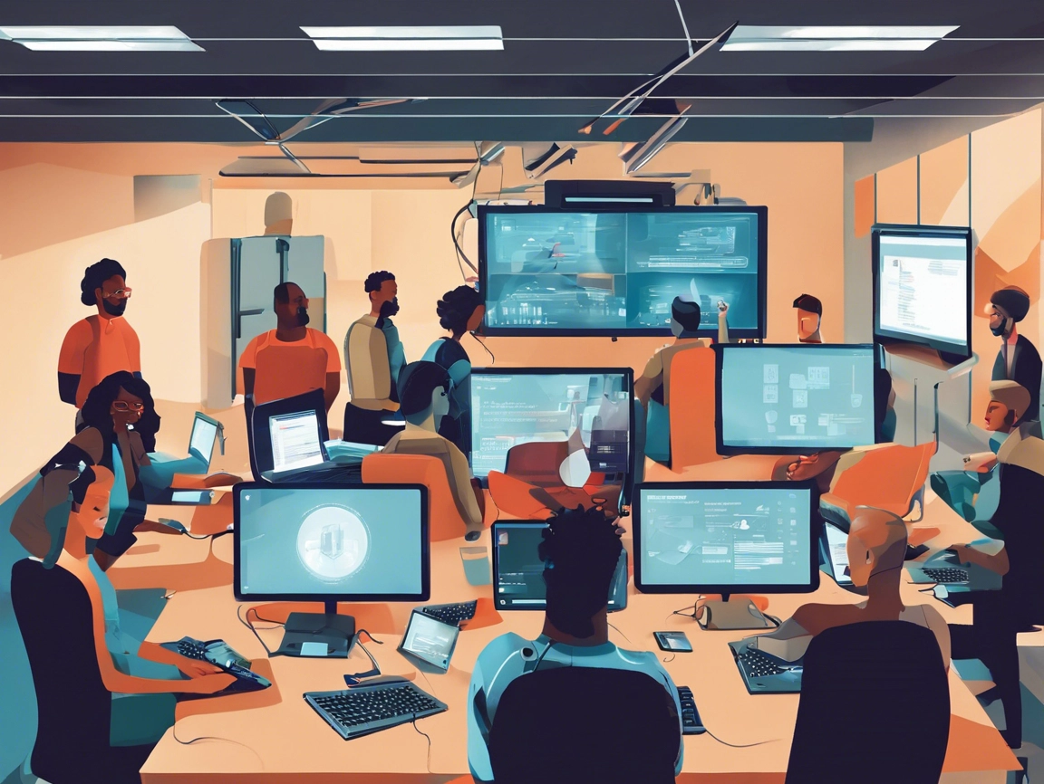A diverse group of people working at computer workstations in a control room, engaged in monitoring and analyzing data on large screens.
