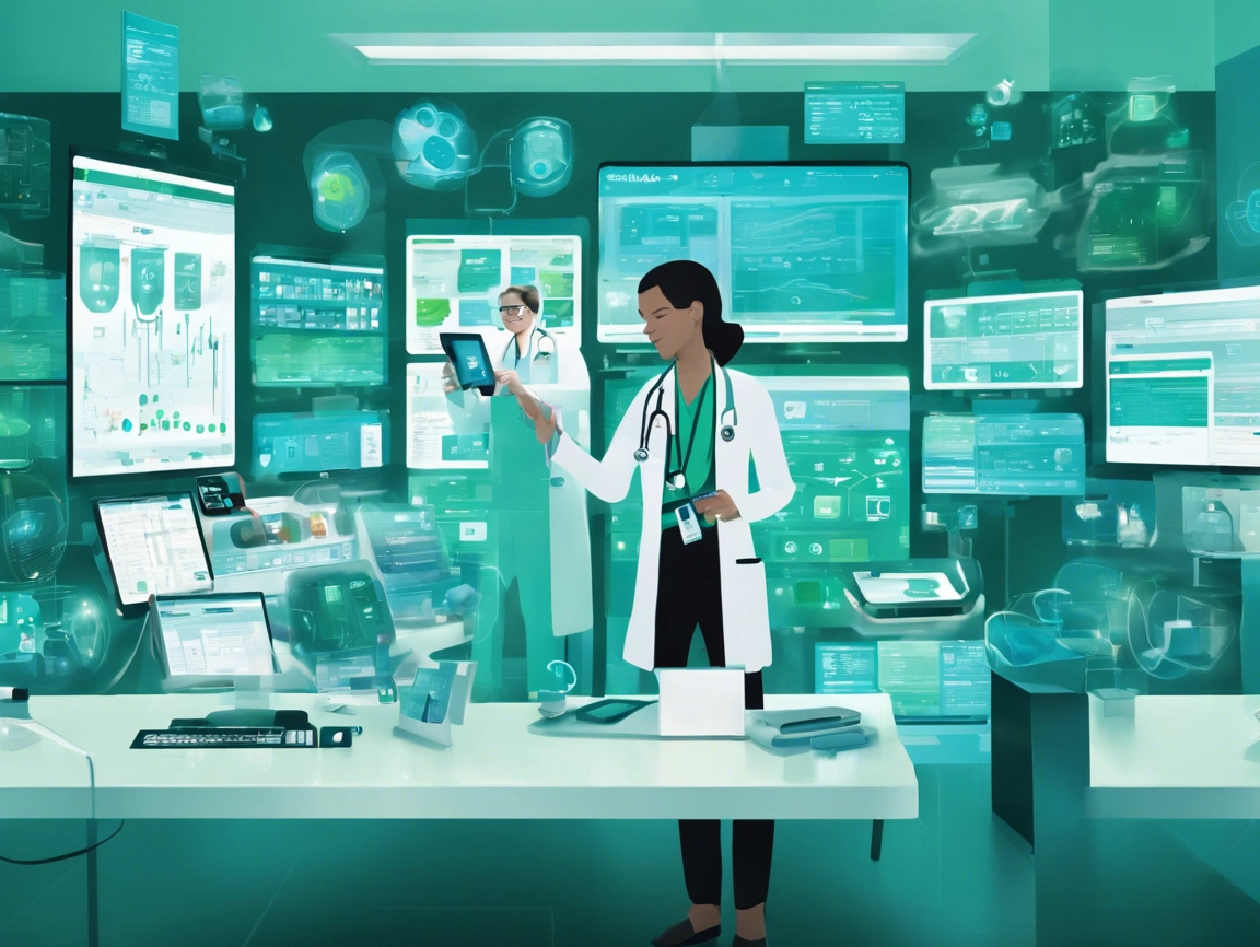 Two doctors in a high-tech medical office with numerous digital screens displaying data and charts.