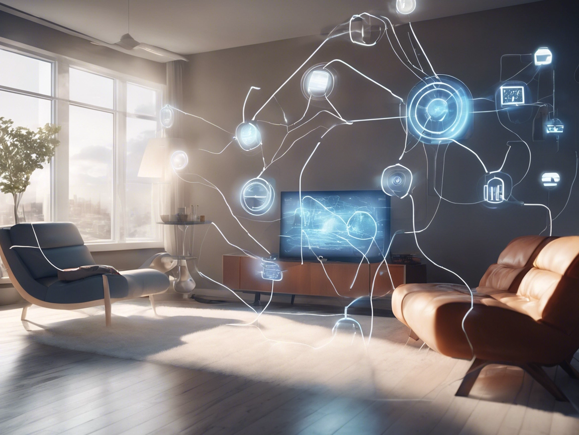 Modern living room with stylish furniture and a TV. Digital network graphics overlay the scene, symbolizing connectivity and technology. Large windows allow natural light to fill the space.