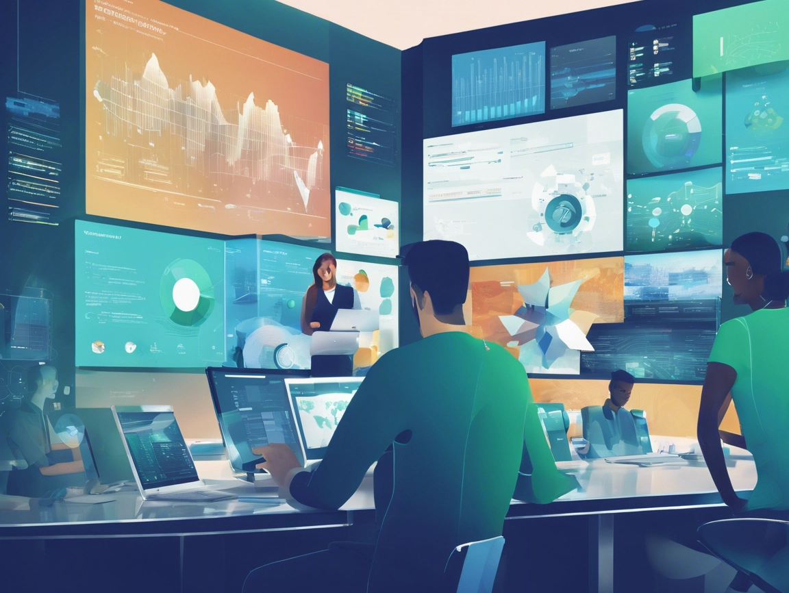 People working at computer desks in a high-tech room with multiple screens displaying data visualizations and graphs.
