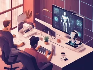 Two people work at computers in a modern office. A screen displays a robot diagram. A small robot sits on the desk.
