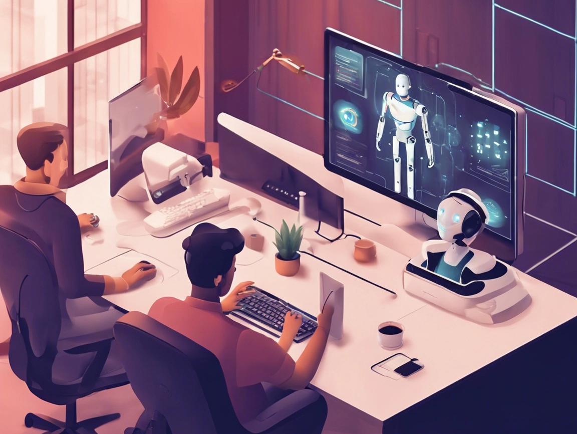 Two people work at computers in a modern office. A screen displays a robot diagram. A small robot sits on the desk.