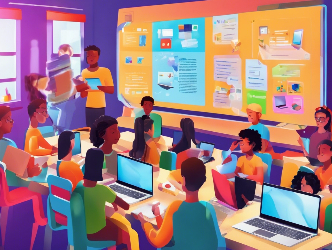 A classroom with students using laptops and tablets, focused on a digital board displaying educational content.