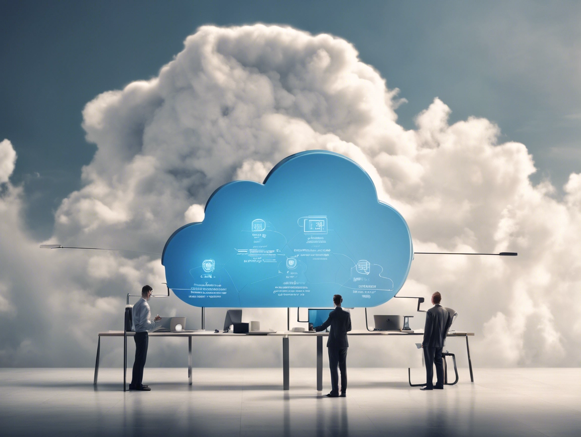 Three people stand around desks with computers in front of a large cloud icon, symbolizing cloud computing, set against a background of actual clouds.