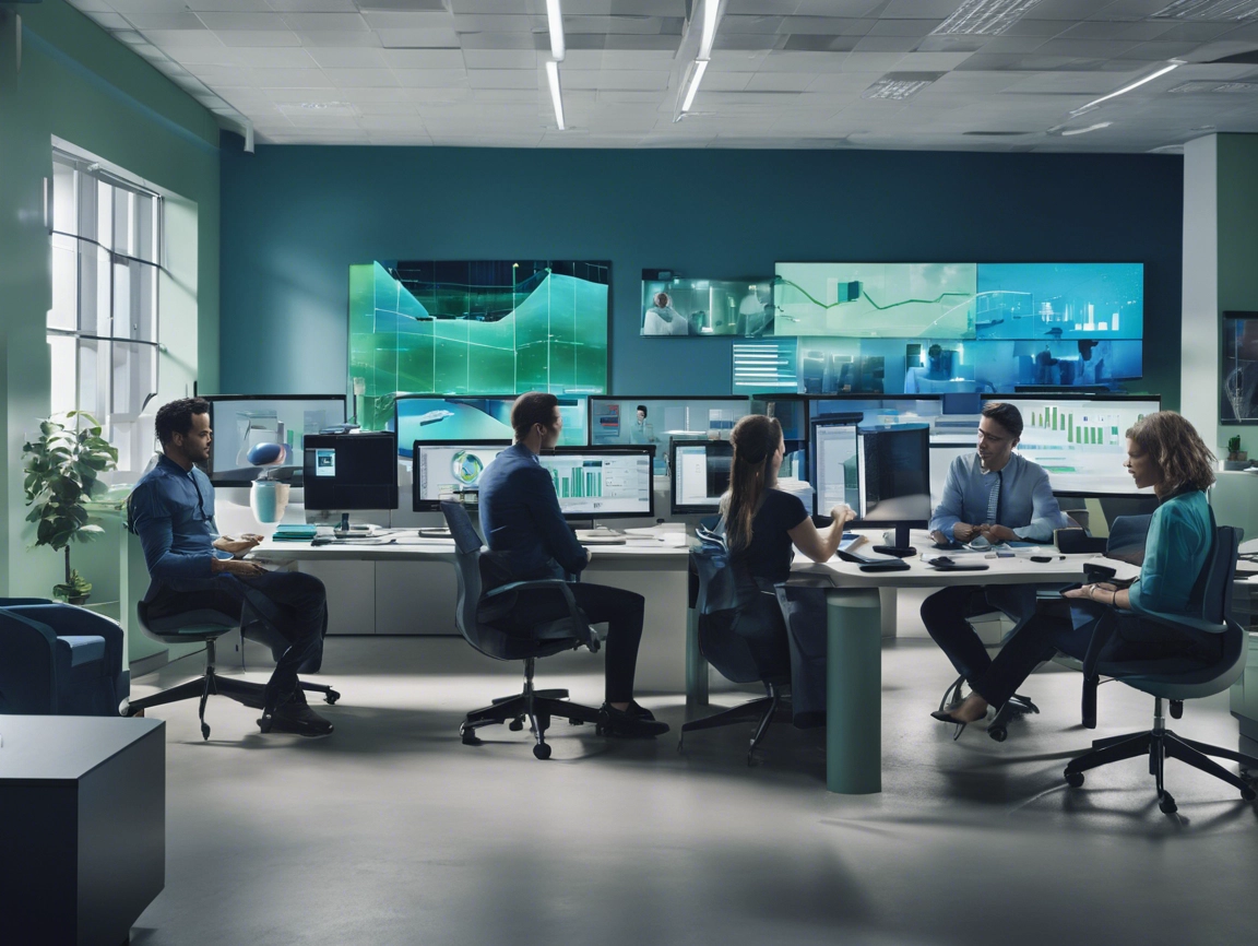 A group of people in a modern office setting are engaged in a meeting, surrounded by multiple screens displaying charts and graphs.