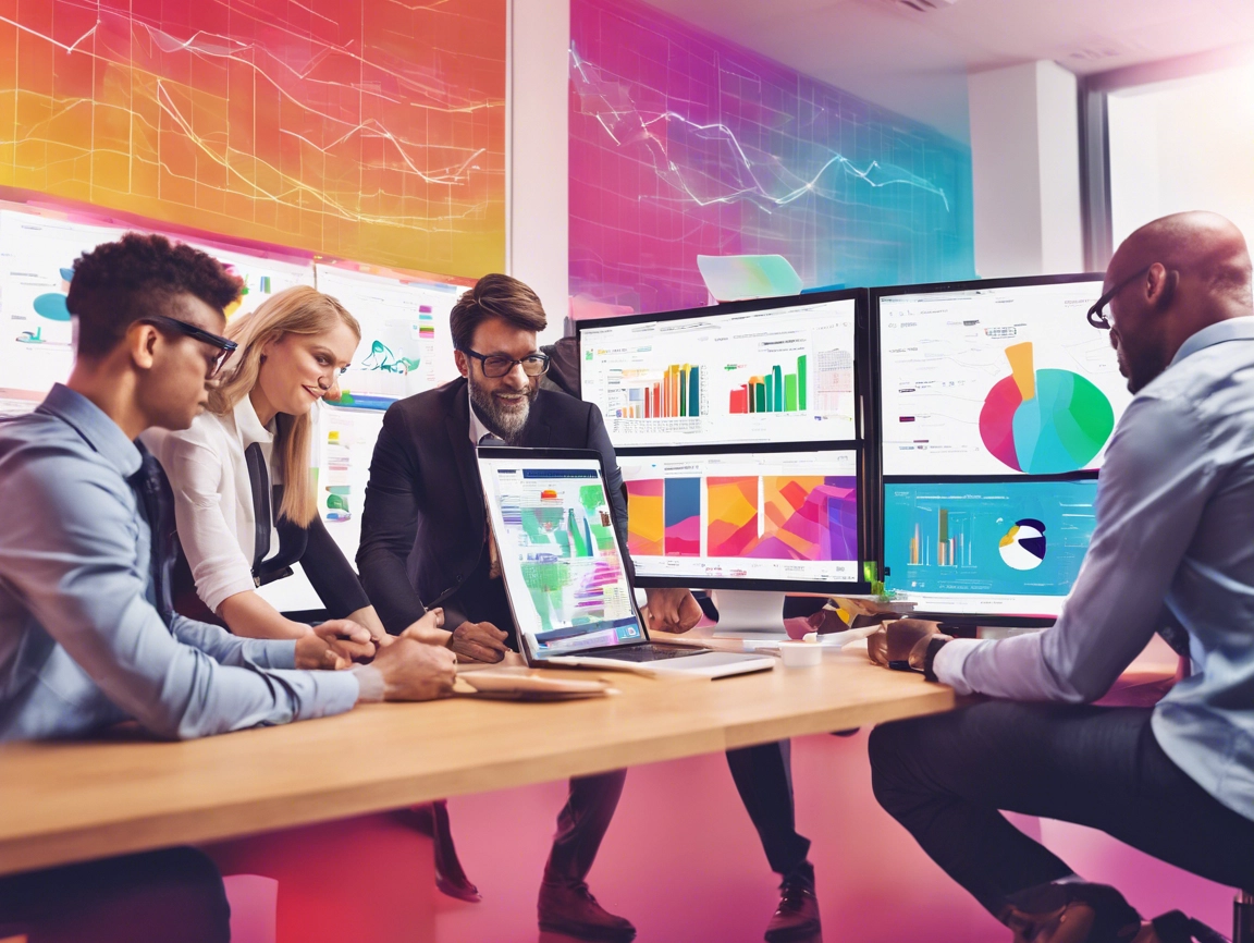 Group of professionals analyzing data on multiple screens in a modern office with vibrant décor.