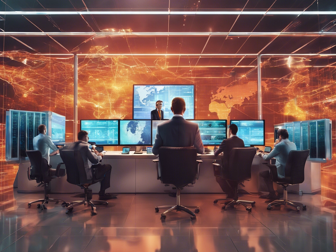 Men in a tech control room analyze data on multiple screens; a large world map illuminates the background.