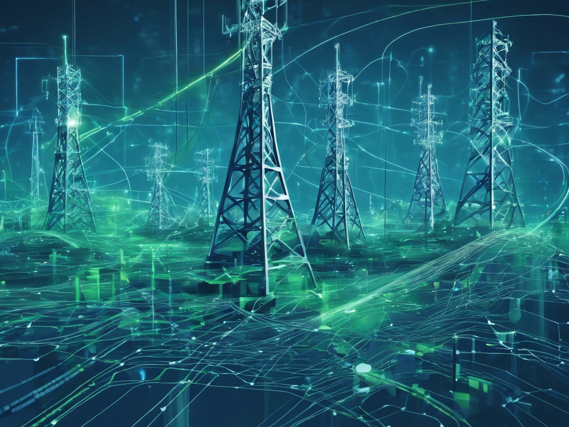 A digital illustration of several telecommunications towers surrounded by abstract green and blue lines representing data and connectivity.