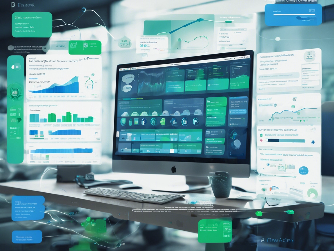 A desktop computer displaying data analytics on multiple screens, surrounded by floating digital charts and graphs. A coffee cup sits on the desk.