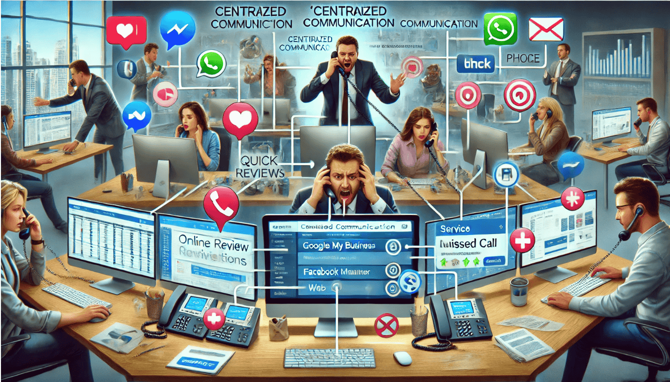 Office workers engaged in various forms of communication, with multiple screens and icons signifying centralized communication and online reviews.