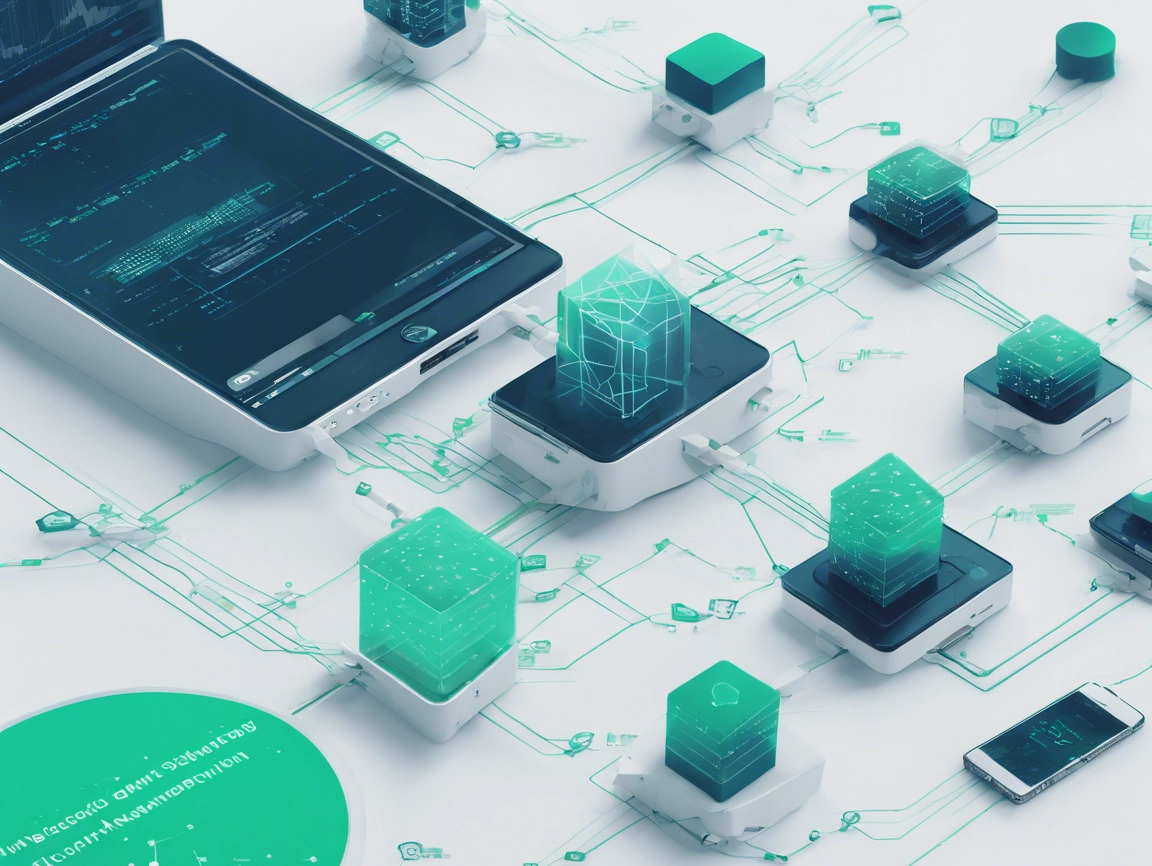 A digital network with a tablet and smartphones connected by glowing green blocks representing data flow.