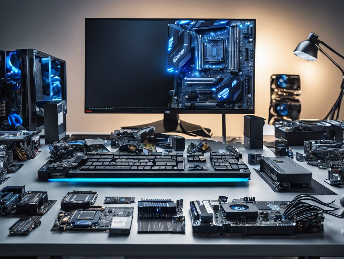 A computer assembly station with components like a keyboard, motherboard, graphics card, and monitor on a table, illuminated by a desk lamp.