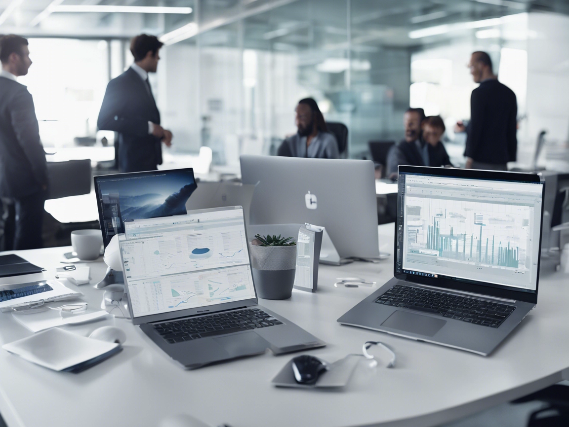 Office scene with laptops displaying graphs on a table, surrounded by papers and smartphones. People are having discussions in the background.
