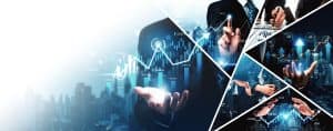 Collage of business people interacting with digital financial graphs and charts over a cityscape background.